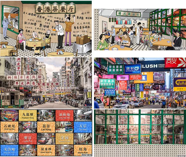 港式装修装饰画茶餐厅装修墙纸复古怀旧港风背景壁画w