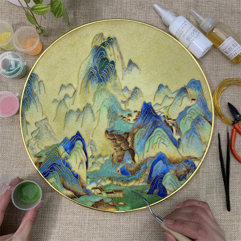 嘉洁千里江山图景泰蓝掐丝珐琅画diy手工材料包圆形青山绿水青鸟飞鱼