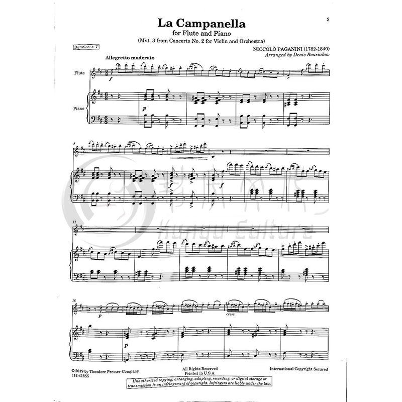 《预售 帕格尼尼 钟 长笛和钢琴 paganini la  》