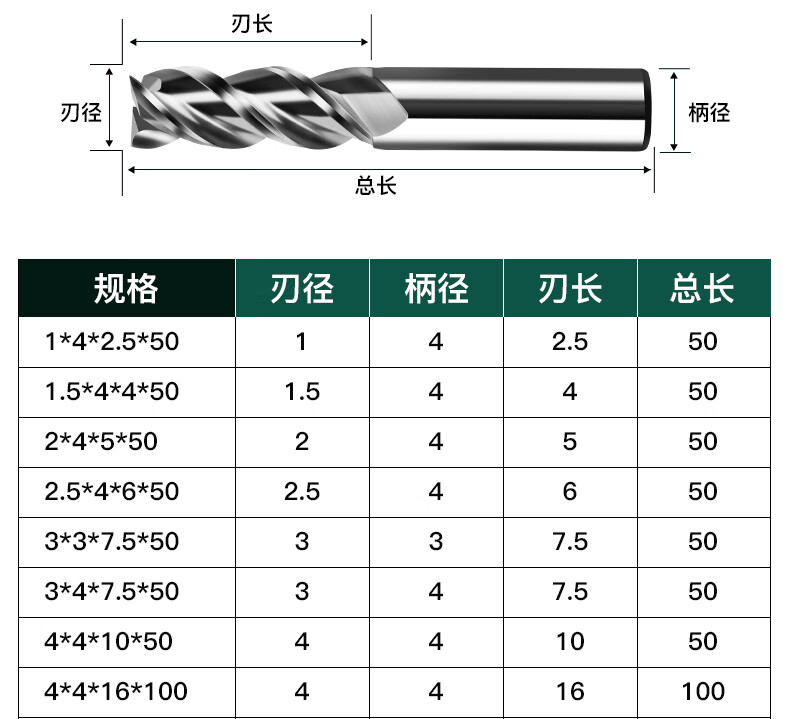 三刃铝用铣刀镜面高光加长铝合金铣刀硬质合金钨钢刀101040100