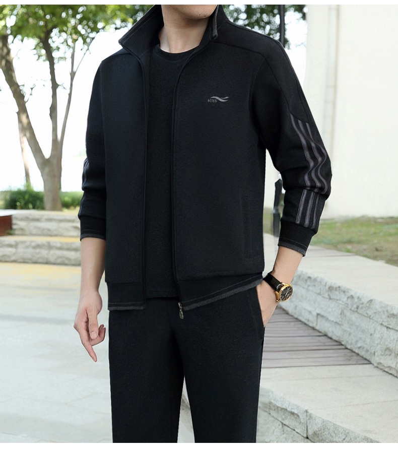 中年男士套装搭配运动套装2019新款春秋季成熟大码休闲卫衣套装男 黑