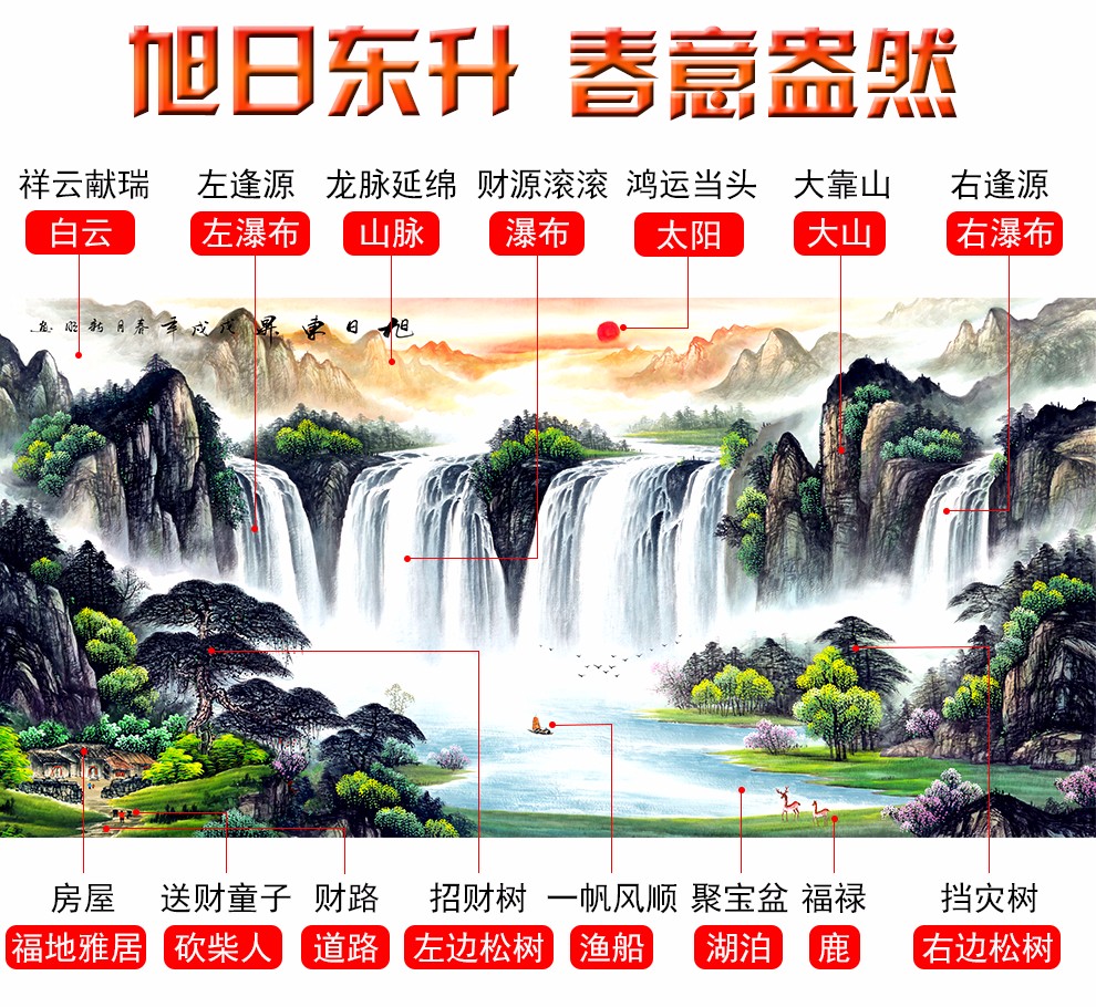 风水怡情 山水画旭日东升客厅装饰画办公室挂画聚宝盆