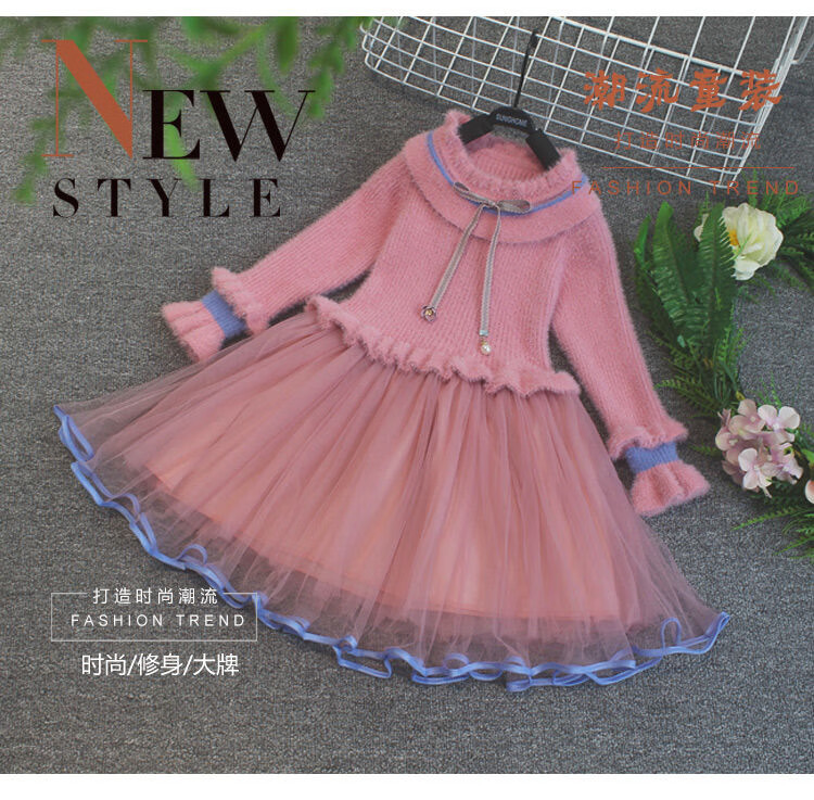 2020很仙的新品e连衣裙秋装新款女宝宝蓬蓬裙针织绒毛衣裙拼接纱裙潮
