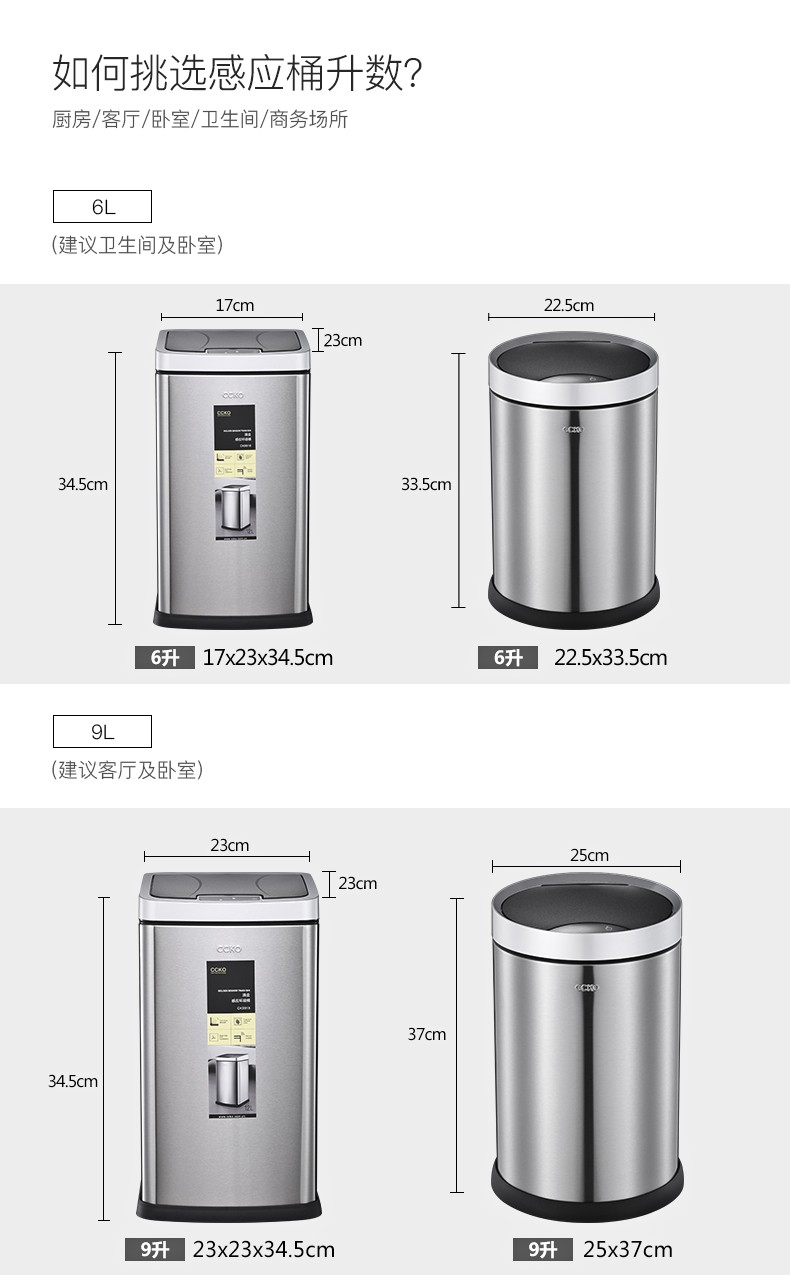 ccko德国智能感应垃圾桶家用不锈钢大号自动客厅卫生间优惠套餐砂钢
