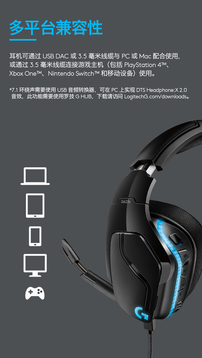 罗技（G）G633s RGB 游戏耳机 7.1环绕声 头戴式有线电脑电竞麦克风吃鸡 APEX G633S
