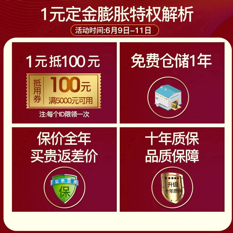 1元定金抵用券(实付满5000元可用),每个ID仅限一次
