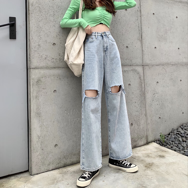 破洞牛仔裤女高腰显瘦拖地长裤宽松阔腿老爹裤韩版垂感2020新款春 浅