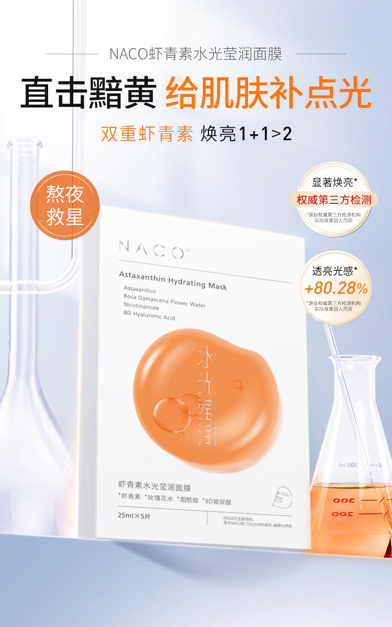 NACO虾青素水光莹润面膜熬夜补水保湿去暗沉淡黄提亮肤色急救面膜 虾青素面膜5盒（27片）
