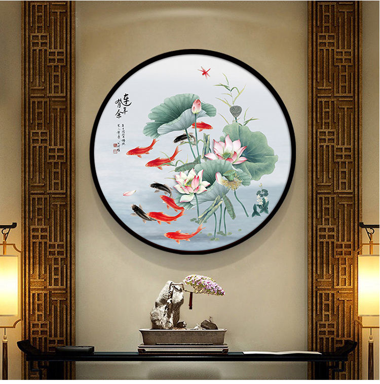 水墨画荷花图玄关装饰画圆形新中式挂画餐厅壁画荷花九鱼图风水国画