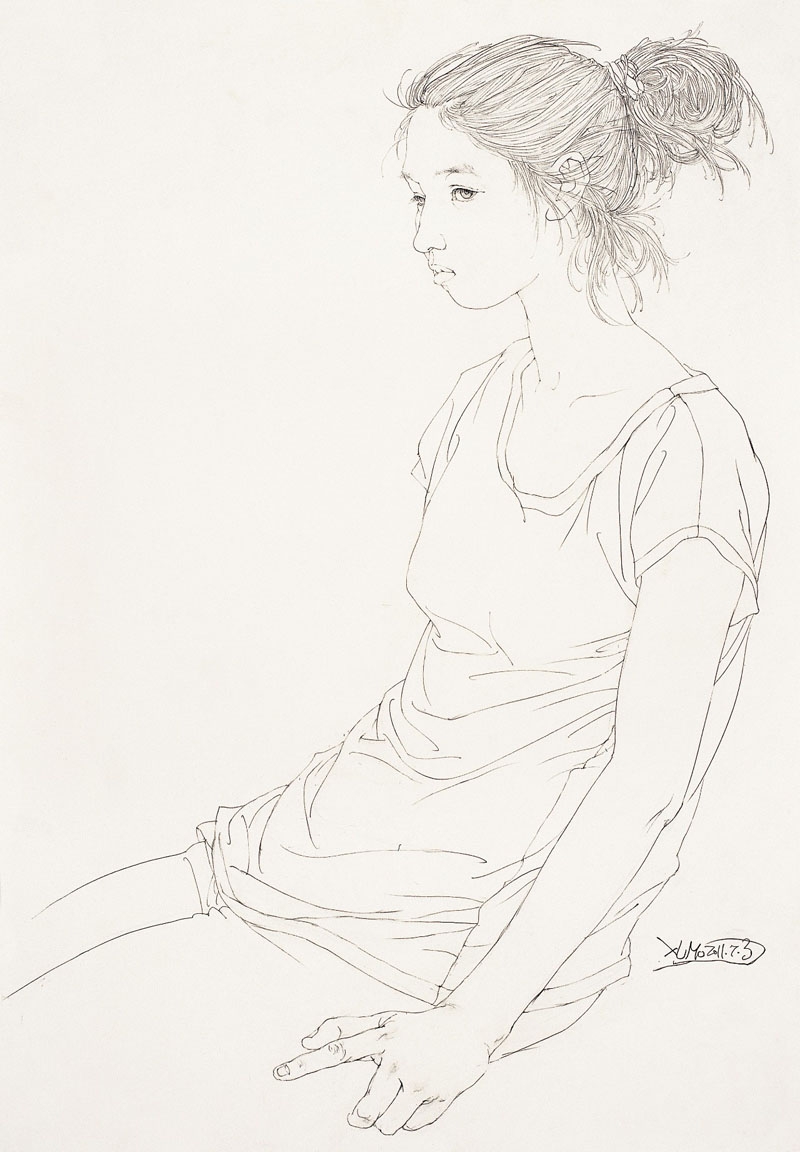 中国美术学院中国画系线描范本 徐默绘 半身带手白描人物画 写生临摹