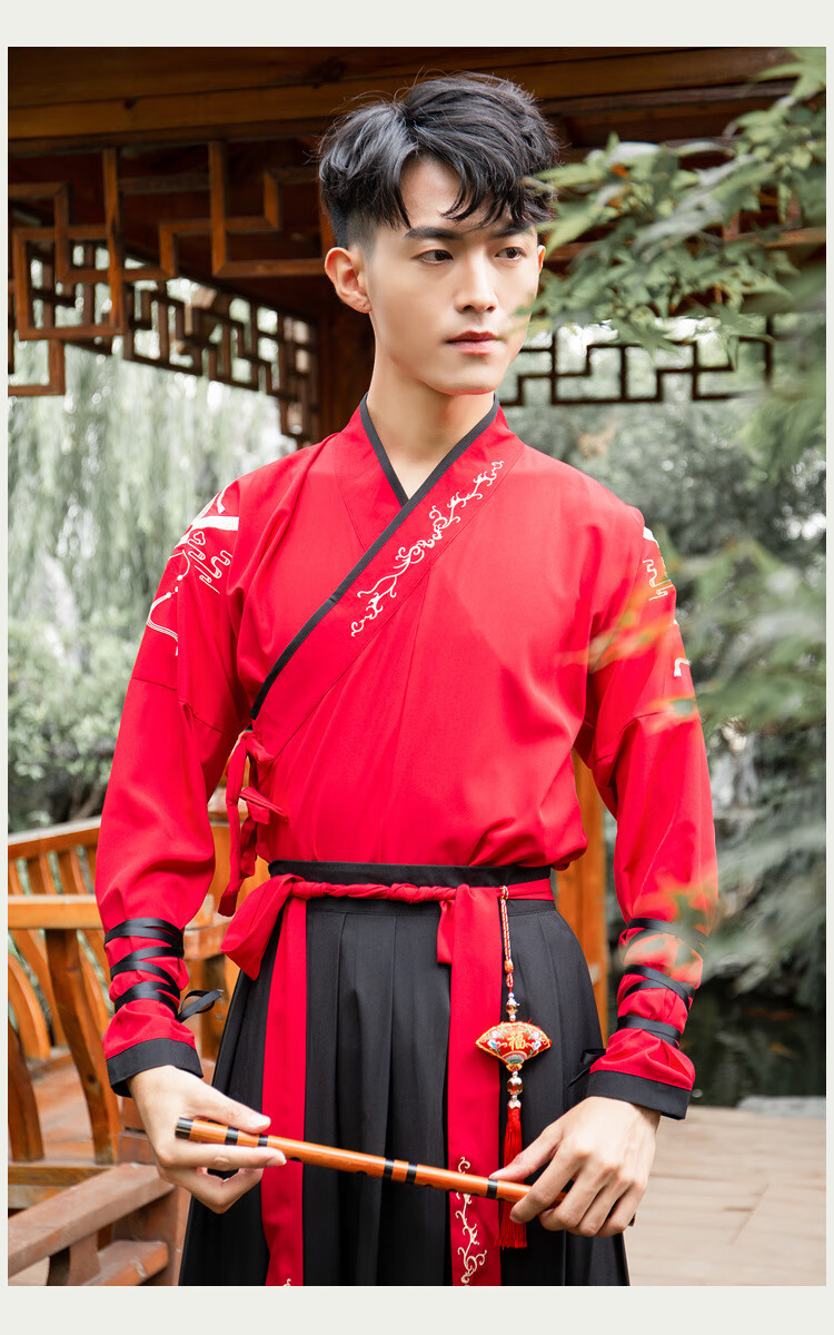 红衣 黑裙 s  品牌: 尼格蕾 商品名称:尼格蕾汉服男夏季中风齐腰襦裙