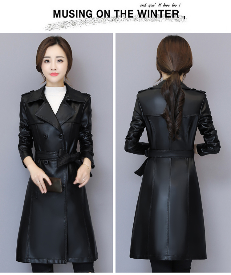 皮衣女中长款外套皮大衣女2019新款女装皮衣欧洲站pu皮衣女长款 黑色