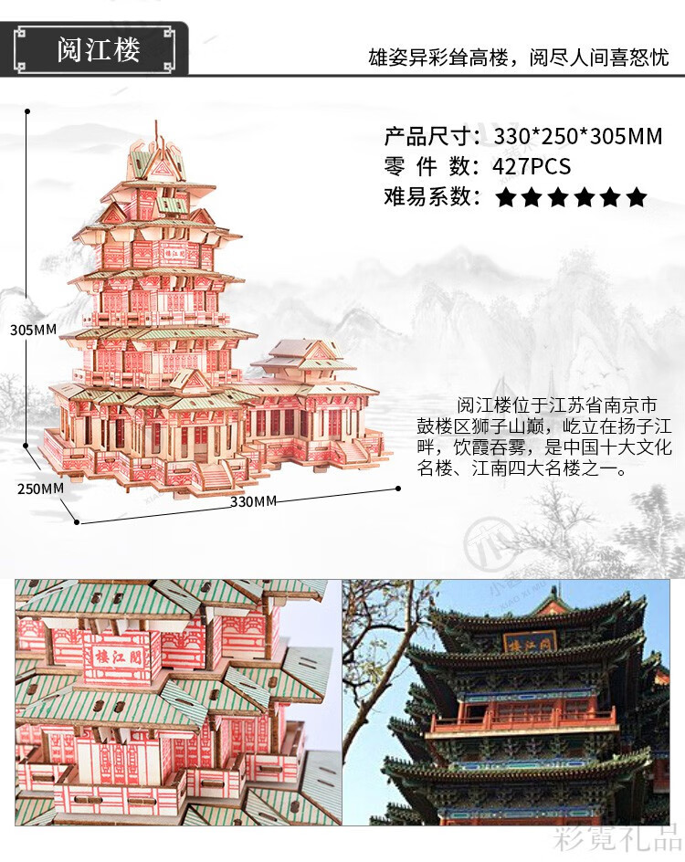 亭台楼阁古建筑四大名楼3d立体拼图成人减压玩具 滕王阁翠绿色 灯效