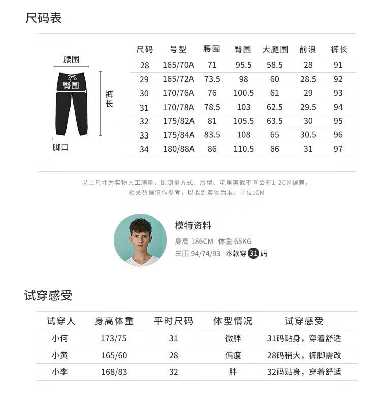 尺码表尺码号型腰围臀围大腿围前浪裤长腰围28165/70a7195.