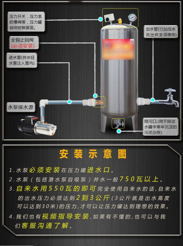 全自动无塔供水器家用304不锈钢压力罐水泵用水塔水箱自来水增压加75