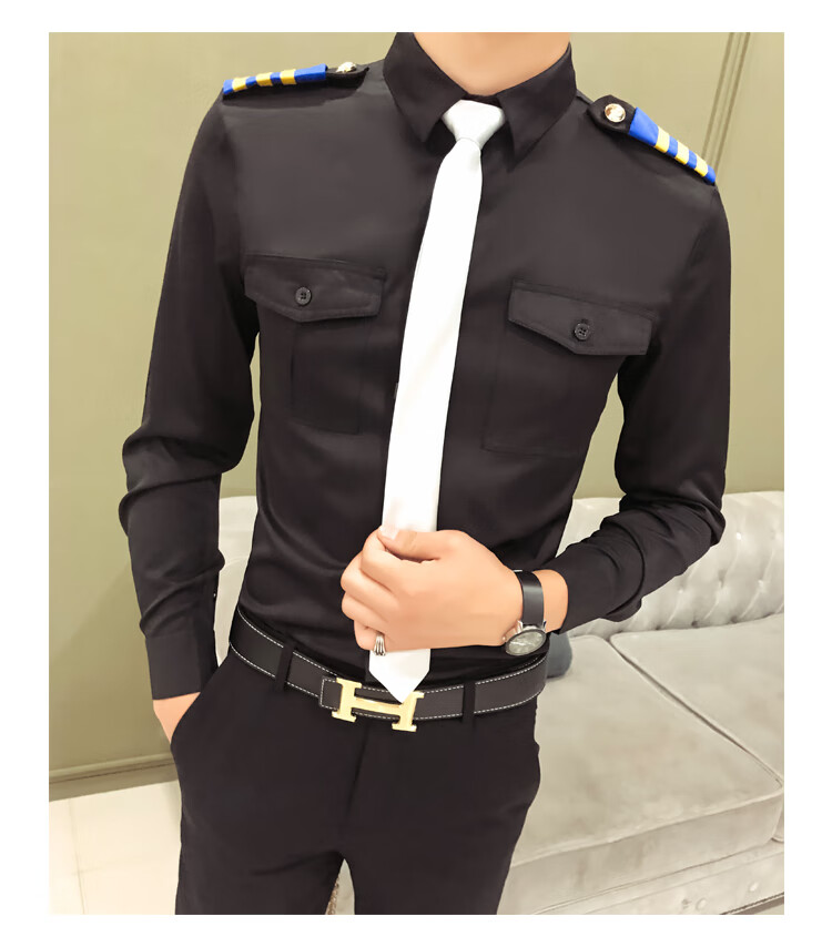 秋装个性空少制服衬衫男长袖修身发型师衬衣工作服装 a87黑衬衫加领带