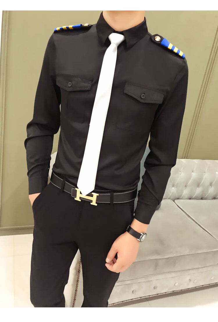 秋装个性空少制服衬衫男长袖修身发型师衬衣工作服装 a87黑衬衫加领带