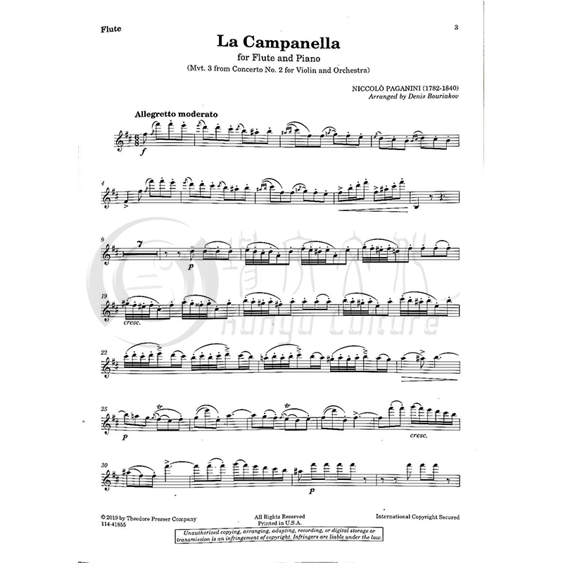 《预售 帕格尼尼 钟 长笛和钢琴 paganini la  》