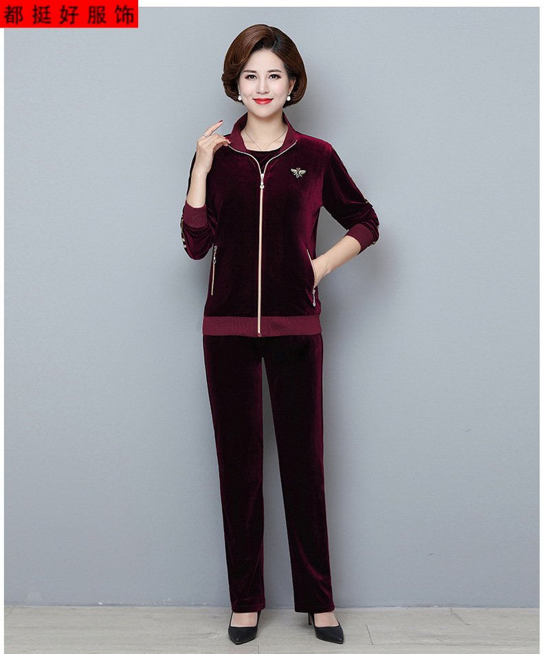 好货妈妈秋装2019新款中老年人女装秋冬洋气外套休闲运动服金丝绒套装