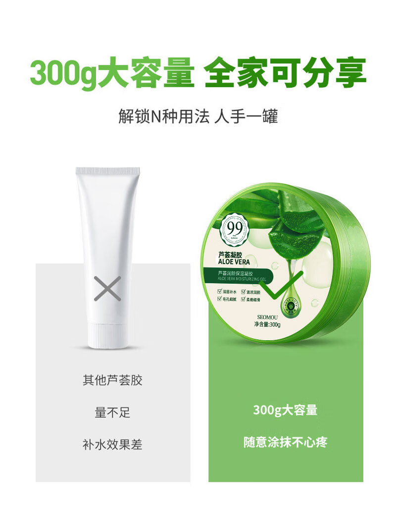 SEOMOU芦荟胶补水保湿晒后呵护肌肤舒缓修护凝胶睡眠面膜霜痘痘肌男女士 浓缩芦荟凝胶300gx2瓶,