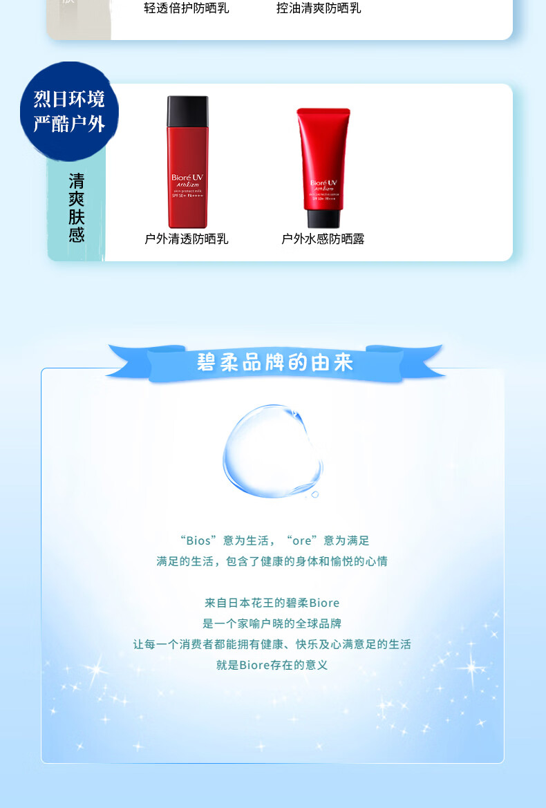 碧柔（Biore）花王碧柔水活防晒优护水凝露学生军训隔离面部防晒霜SPF50+PA+++ 90ml*2支