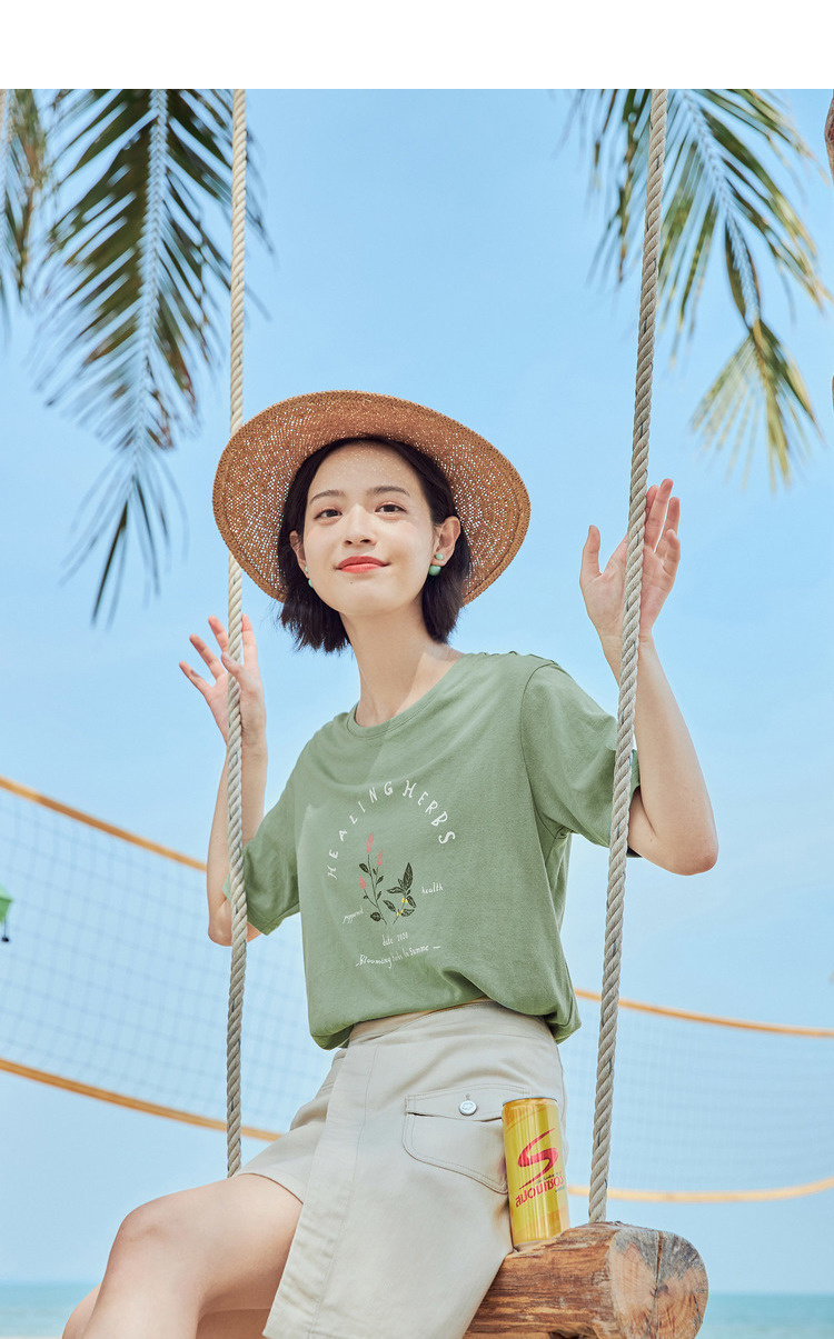 2020夏装新款短袖t恤纯棉复古清新印花时尚森系百搭上衣女 竹青色 l