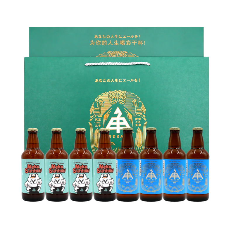 23，京石屋伊勢角屋麥酒（ISE KADOYA BEER）日本進口原裝精釀8瓶禮盒系列 兩衹貓淺藍禮盒 330mL 8瓶