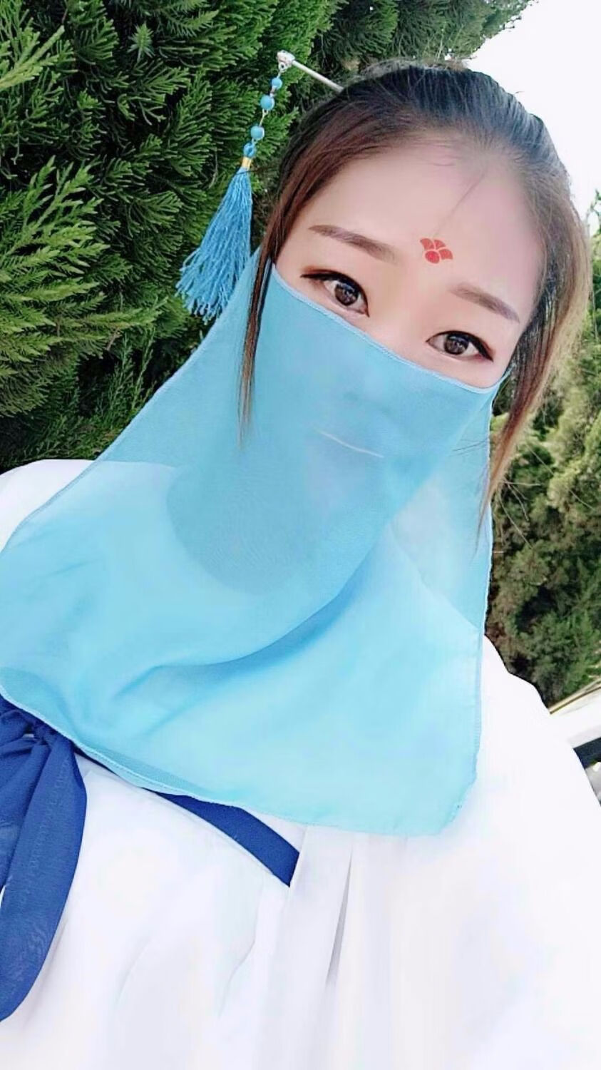 奥义驰挽秀古风雪纺面纱汉服遮面蒙面晒仙女古装挂耳流苏 粉红白蓝