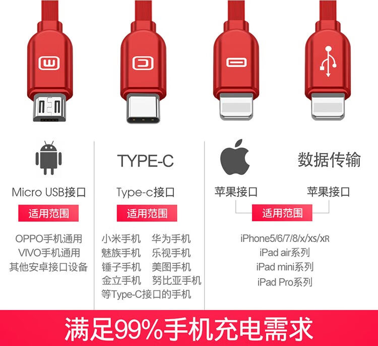 适用苹果手机数据线一拖四多功能四合一充电器多头多用加长三头快充闪