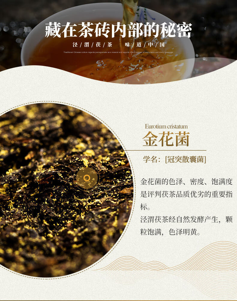 百草金花素357g片泾渭茯茶黑茶陕西茶叶金花泾阳茯砖茶七子茯茶砖一片
