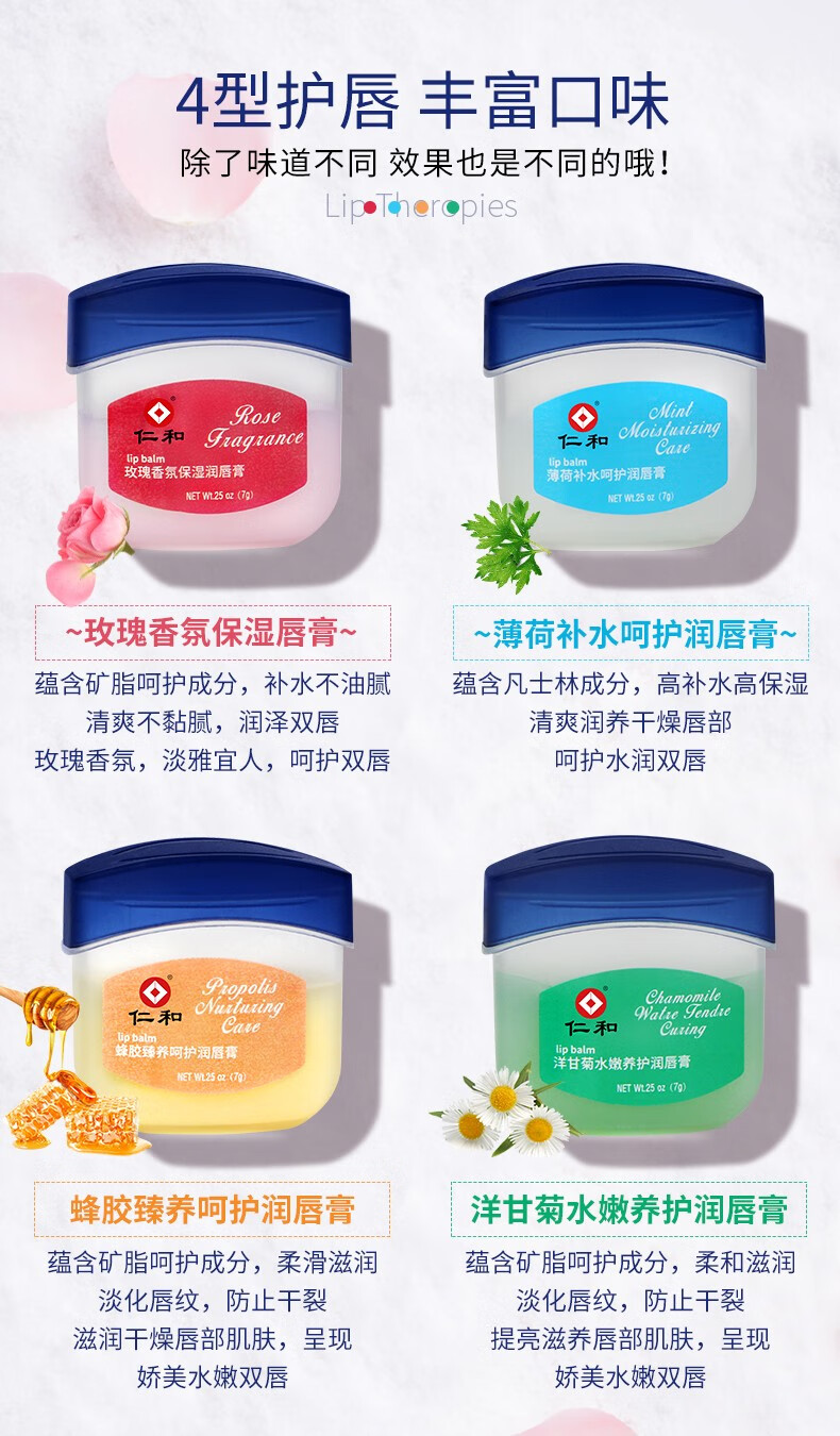 仁和 滋润护唇膏男女保湿唇膜深层滋润唇纹淡化防干裂 四种口味