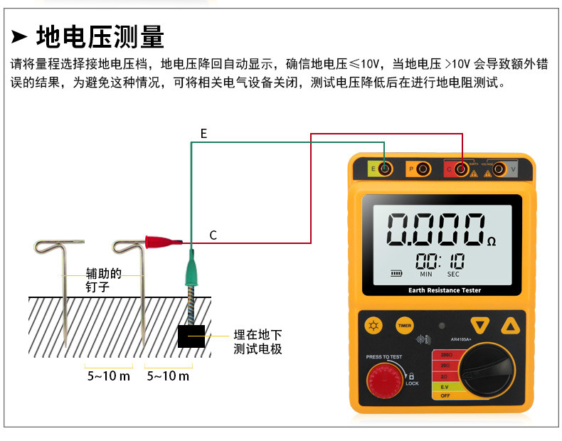 芙芸ar4105a接地电阻测试仪摇表数字防雷地阻测量仪 200Ω接地电阻