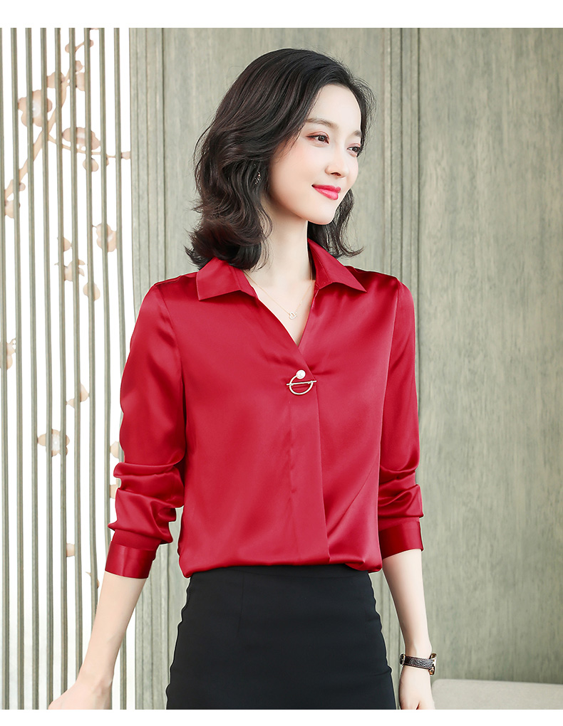 职业装女士v领白色缎面桑蚕丝真丝衬衫女长袖衬衣女打底衫真丝上衣