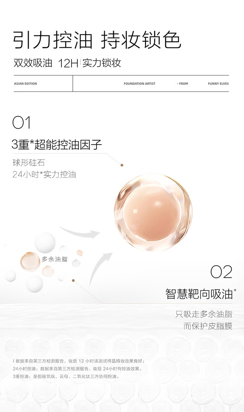 Funny Elves粉底液方里FE持妆精华水润干油皮不脱妆小样持久定妆 E01干皮象牙白+小样+妆前乳+粉扑