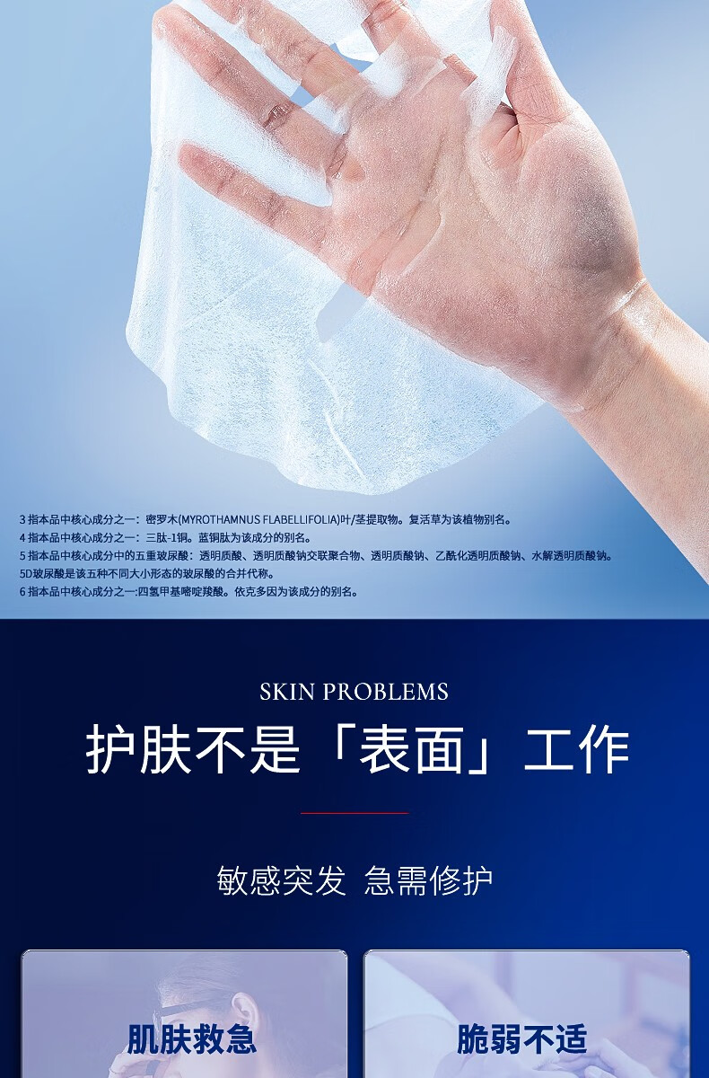 昆药集团KPC补水面膜玻尿酸水润柔嫩蓝铜肽贴片免洗 5片/盒 3盒装/15片