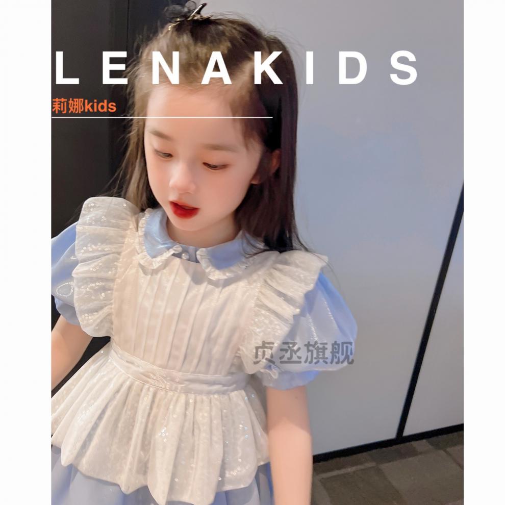 抖音同款leankids超美蓝色泡泡袖公主爱丽丝礼服裙莉娜kidszt羽俙碧