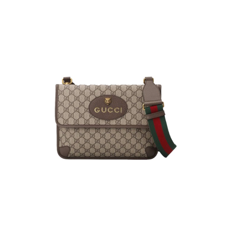 gucci古驰neovintage金属虎头装饰老花logo条纹织带肩带帆布拼皮邮差
