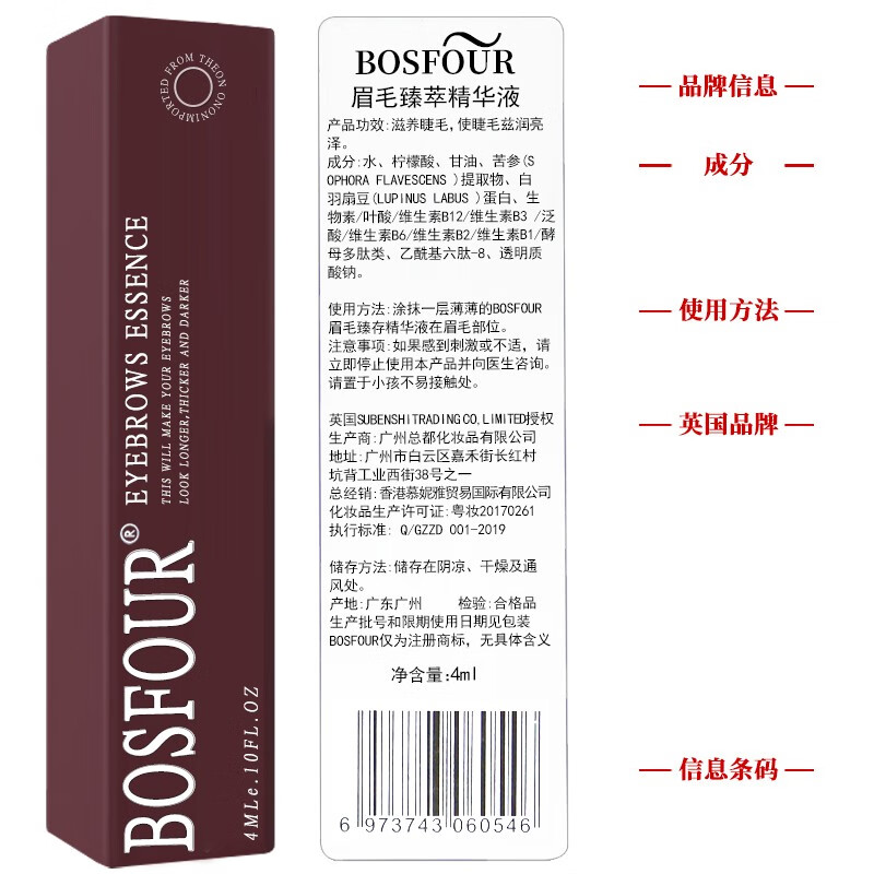 BOSFOUR 英国（BOSFOUR）眼睫毛液眉毛鬓角发际线男女通用营养液 睫毛液/4ml（刷头软适合新手用）