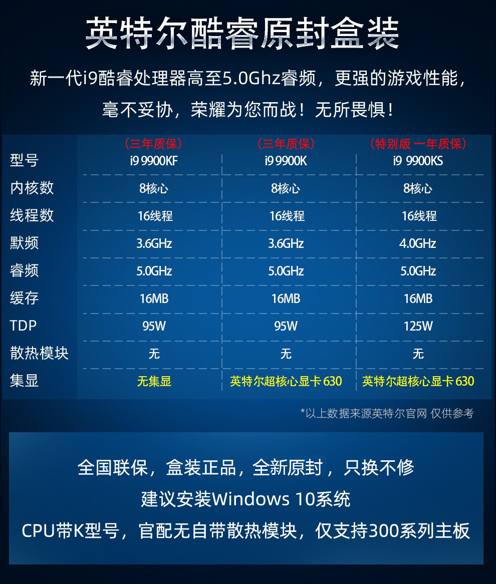 英特尔(intel)酷睿i9 9900k/9900kf cpu处理器 电脑台式机技嘉主板cpu