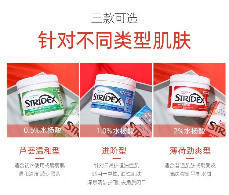 施颜适STRIDEX美国进口水杨酸棉片清洁毛孔角质痘闭口粉刺黑头 55 片/盒 红色加强型 2%（24 年8 月到期）