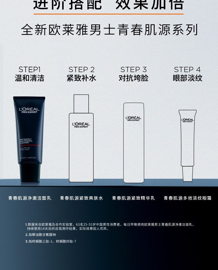 欧莱雅男士氨基酸洗面奶青春肌源净澈洁面乳控油保湿温和淡纹护肤品男 青春肌源氨基酸净澈洁面50ml*3