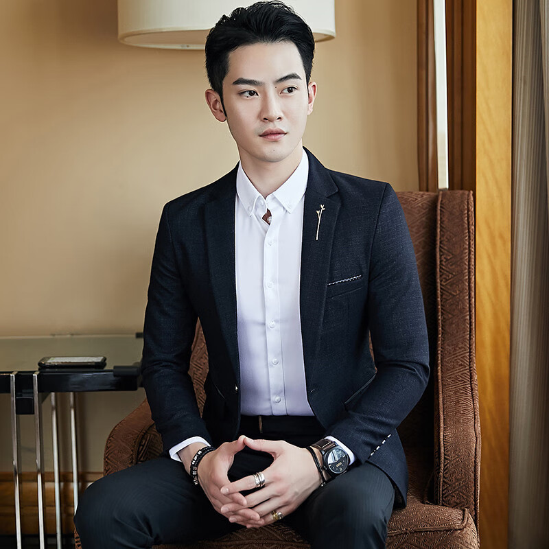 西服男士修身百搭个性休闲西装外套春秋季新款韩版潮男装帅气纹男生小