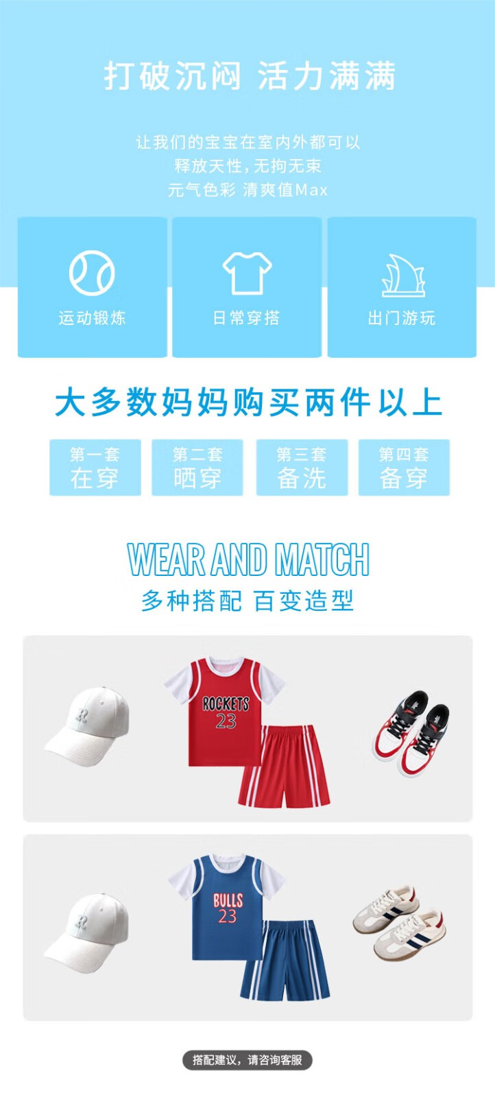 C＆A儿童运动套装夏季男女童运动套装休闲外场套装篮球服运动套装 蓝色 110cm