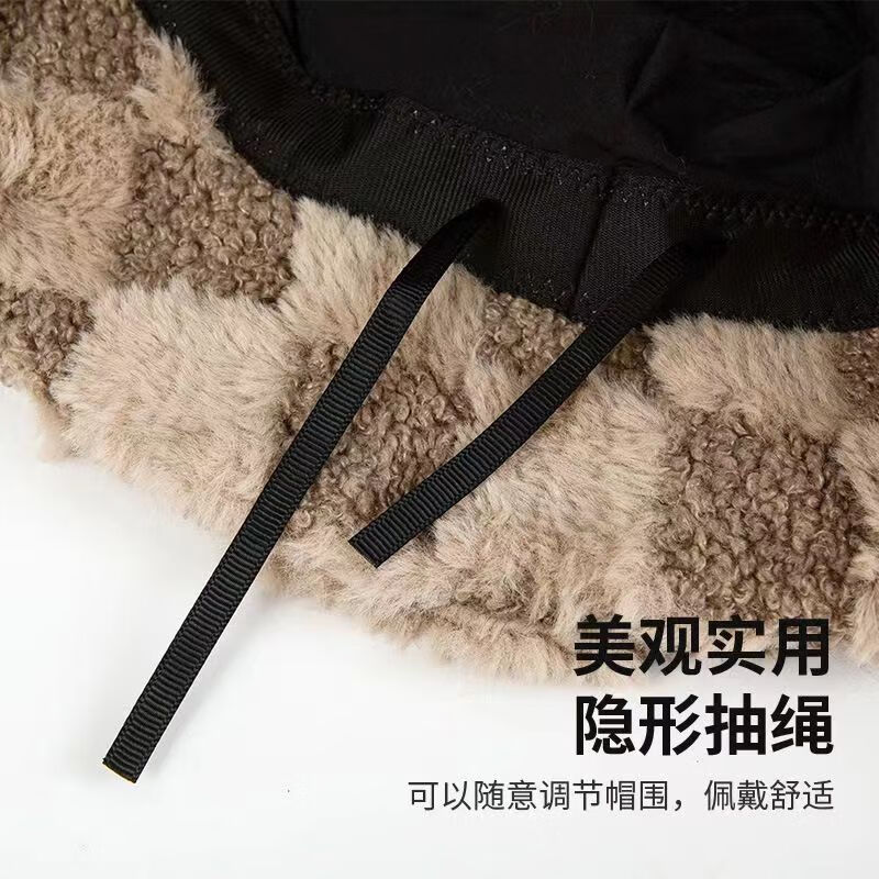 南暖美妆护肤美妆工具棋盘格毛绒渔夫帽百搭水桶帽加厚保暖2023新款 黑色