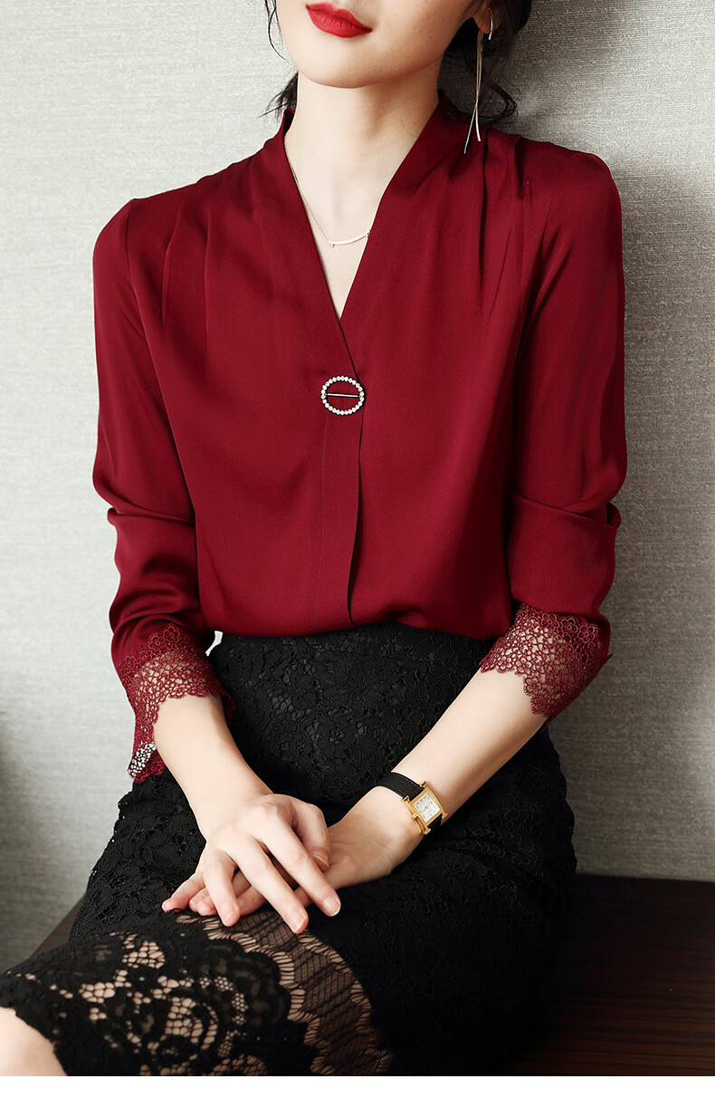 qvi真丝衬衣 早春新款纯色v领蕾丝拼接桑蚕丝长袖女士休闲衬衫 酒红 l