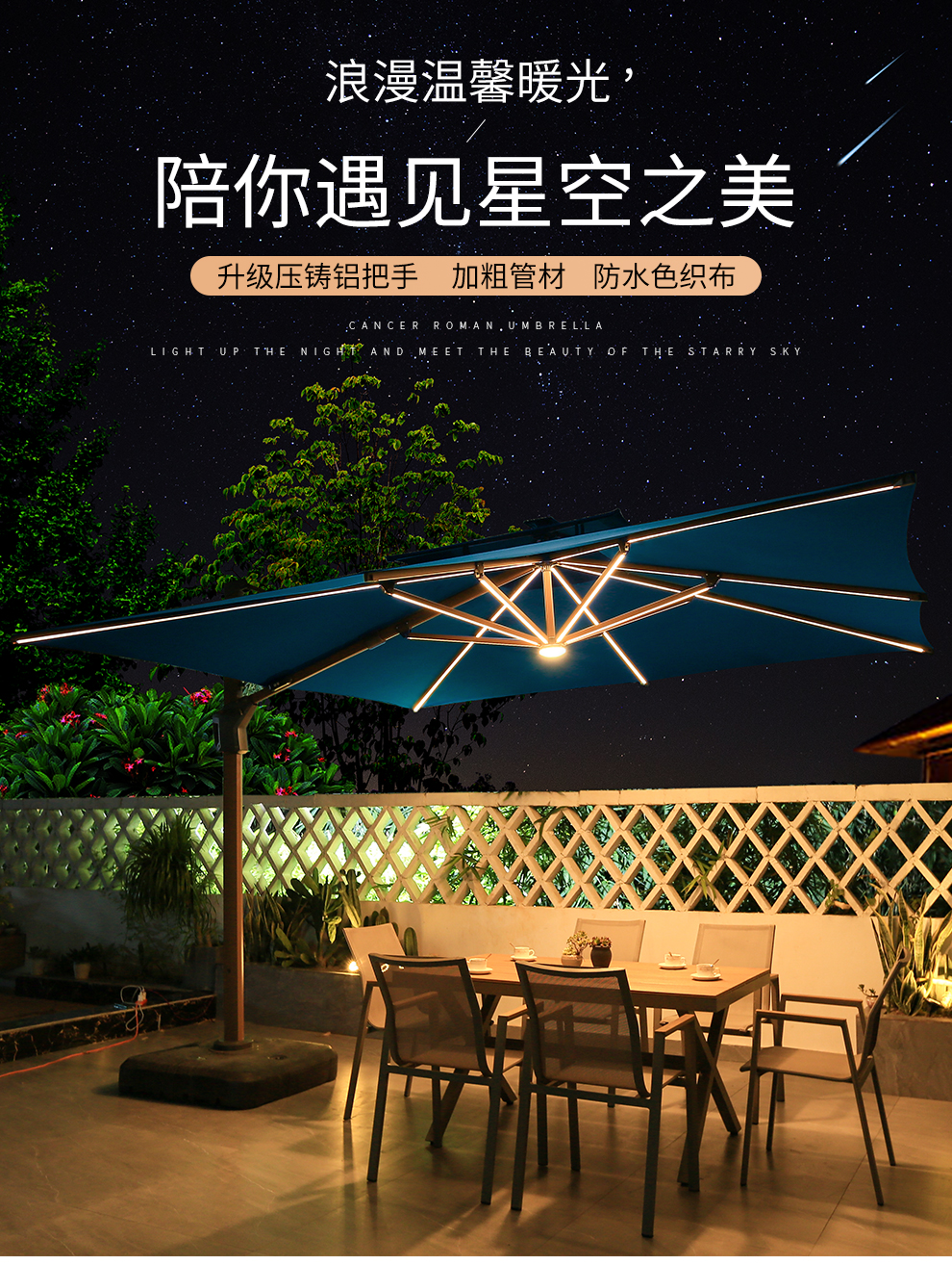 尚伦Sun Roy户外伞庭院太阳伞室外沙滩罗马伞家用别墅花园顶楼露台大型遮阳伞 巨蟹座暖光灯方形双顶3米*4米