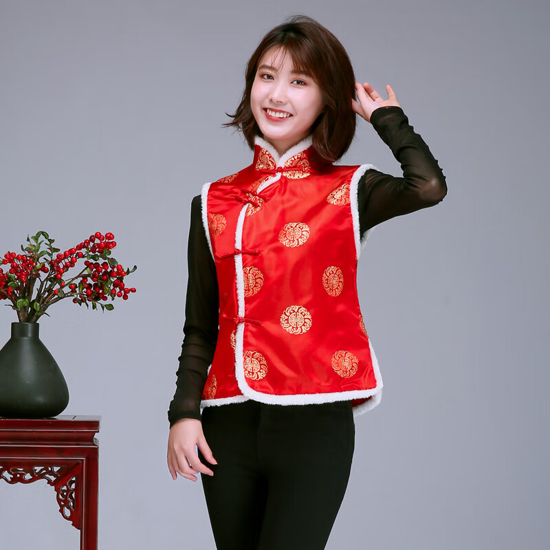 新款圣诞节元旦迎宾马甲唐装女土马夹春秋款短款餐饮超市服务员工作服