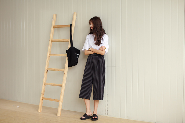 沙德梅森韩版夏季学院风经典竖条纹阔腿裤女潮七分长裤英伦风休闲 藏青色 M