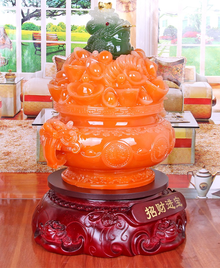 祥净阁 招财进宝玛瑙黄玉聚宝盆摆件金元宝风水工艺客厅饰品 红玉款