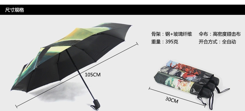 零时差创意全自动雨伞女士太阳伞防紫外线 精品油画伞 黑胶遮阳伞超强防晒自开自收折叠晴雨两用 外层铁塔图案_内层黑胶